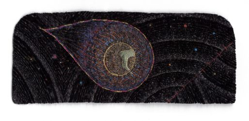 Wanderer’s Cuff, 10.2x25.4cm (4x10"). Cotton, silk, rayon, and metallic threads on rayon velvet and cotton. 2011.