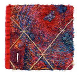 Fire Swatch, 4” x 4 ¼”. Cotton and silk threads on wool fabric. 2018.
