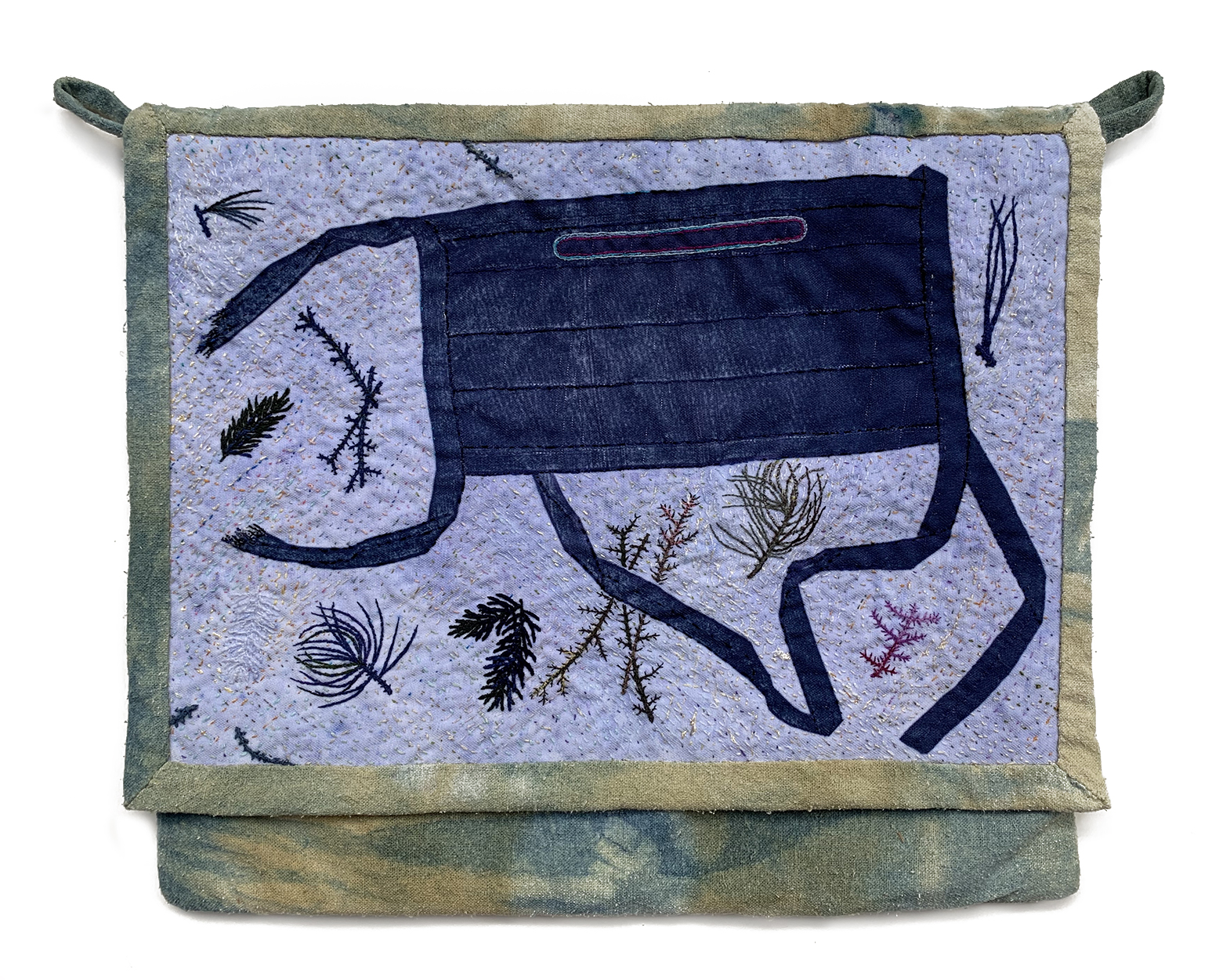 2020 Supply Bag, Bag: raw silk dyed with marigolds and indigo. Front panel: photo transfer, embroidery, and fabric paint on polyester. 10 1/4” x 12 1/4”.